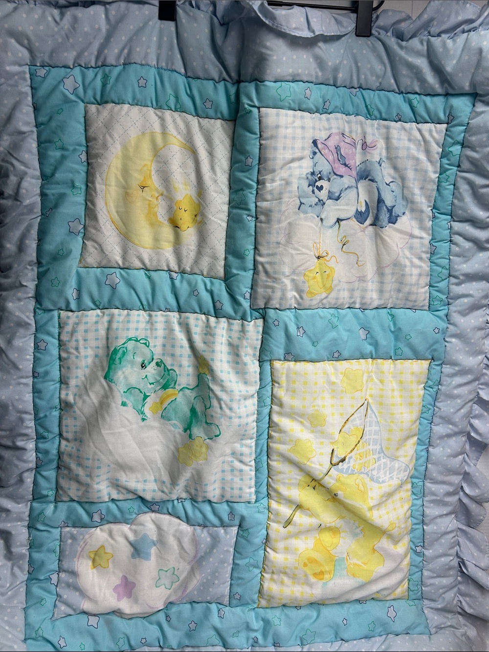 Rare Care Bear Baby Blanket Vintage Quilted Blue Stars Ruffled 2005
